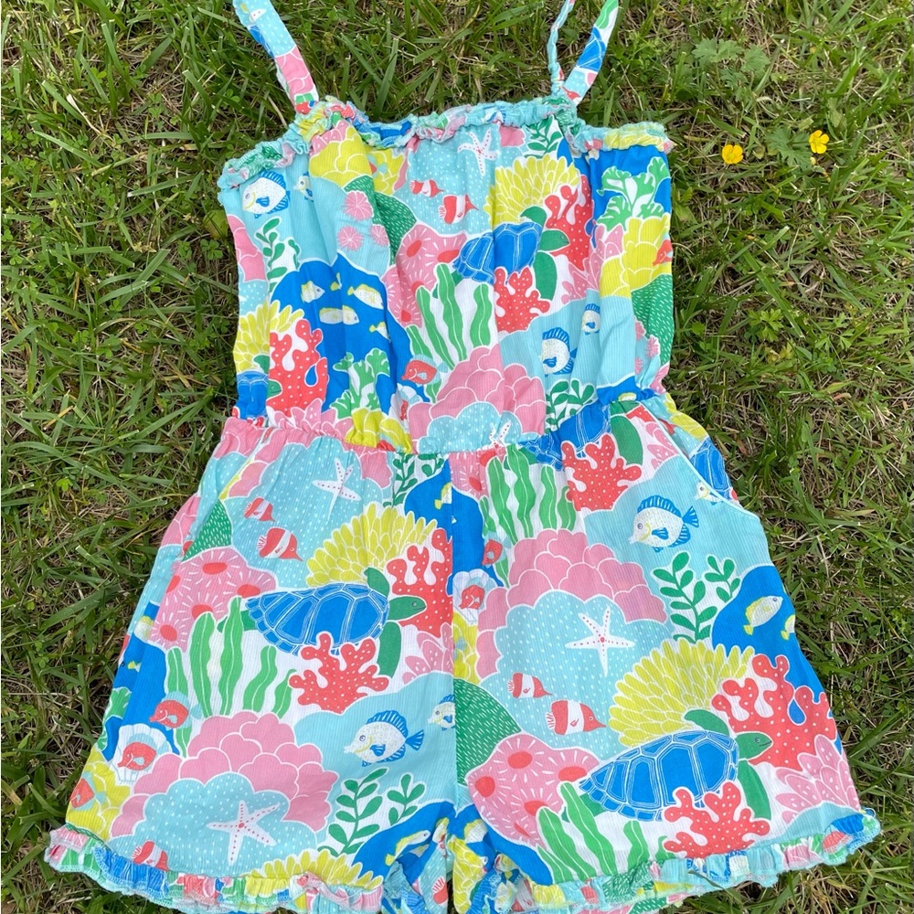 Mini Boden Blue and Pink Jumpsuit Vibrant Tropical Print
